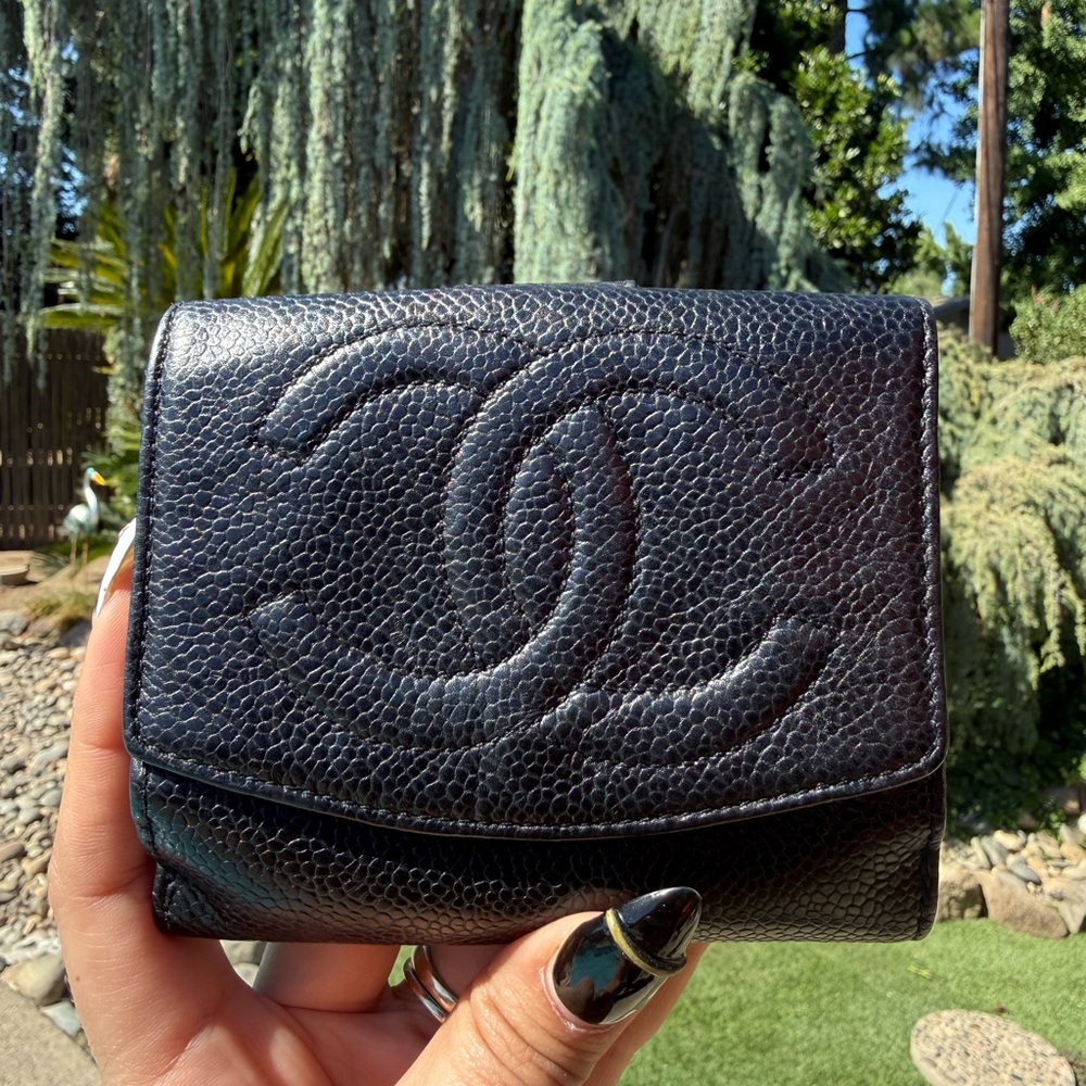 CHANEL Black Caviar Leather Trifold Wallet with Embossed CC